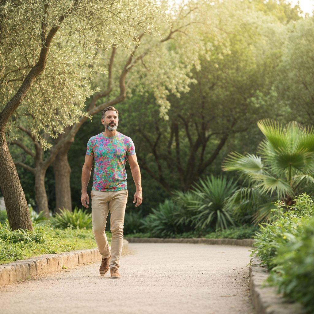 Adult man enjoying wellness walk through peaceful garden