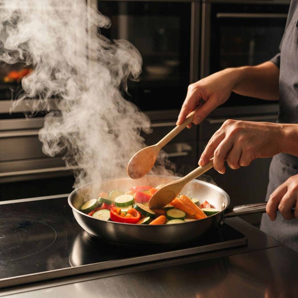 Fresh vegetables being cooked in modern kitchen with steam rising