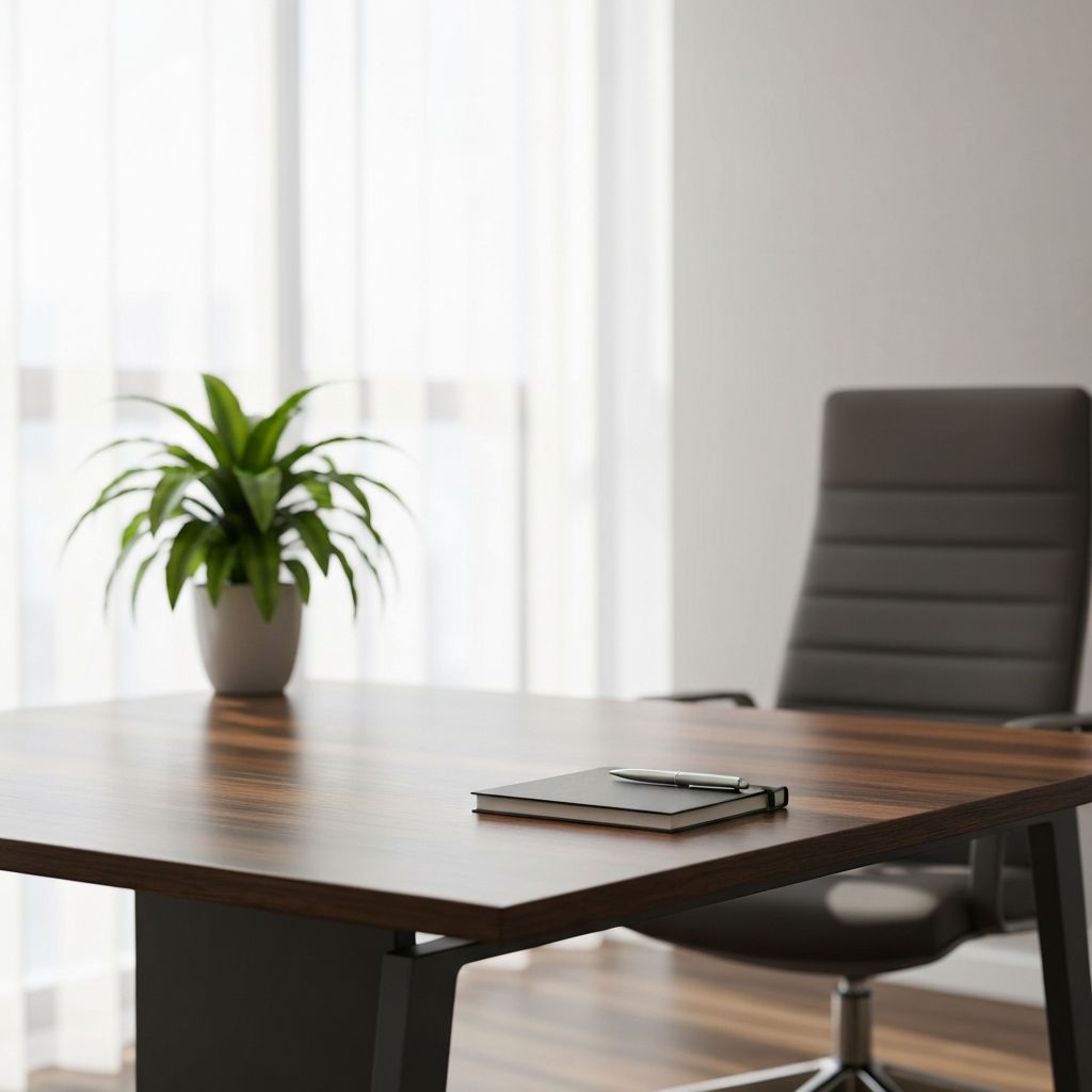 Modern professional workspace with natural light and calm atmosphere