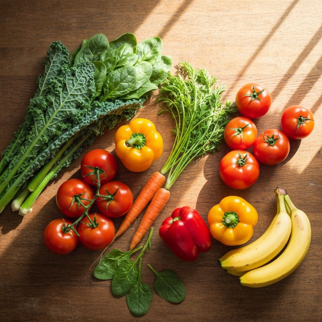Fresh colorful vegetables and fruits on wooden table